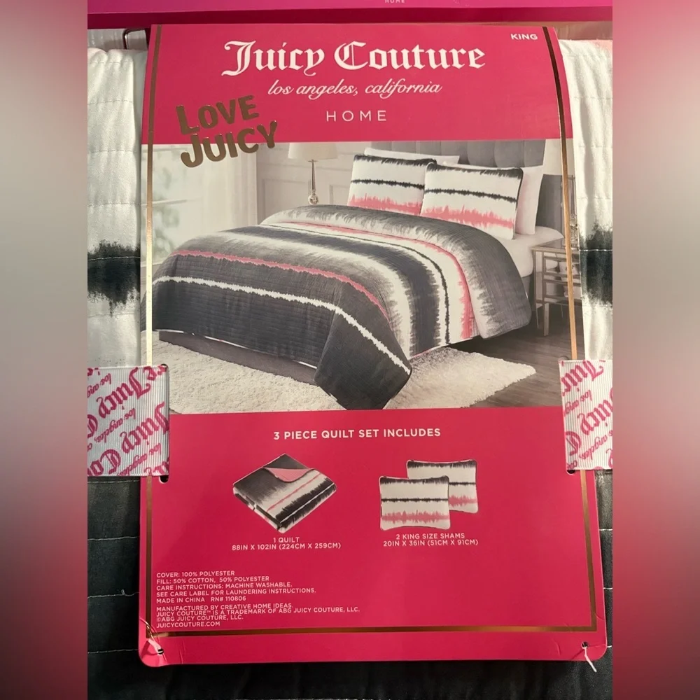 Brand New Juicy Couture King Comforter Quilt & Sham Set